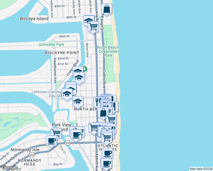 map of restaurants, bars, coffee shops, grocery stores, and more near in Miami Beach