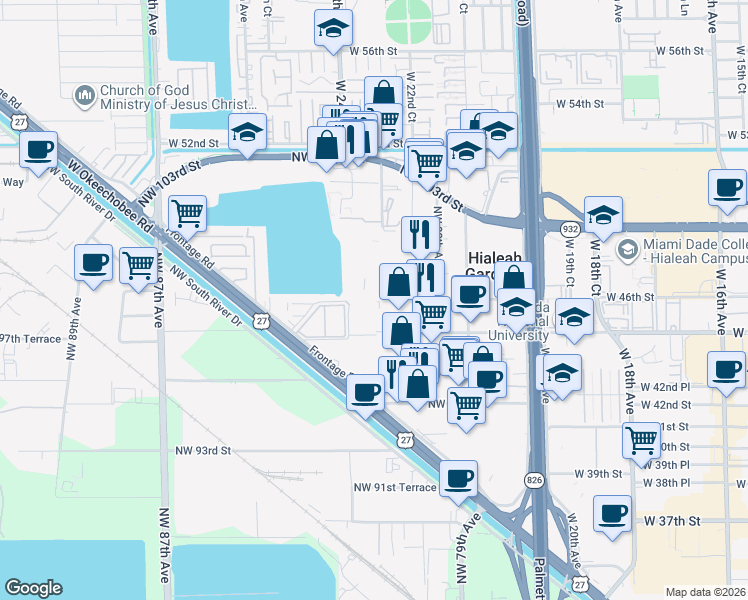 map of restaurants, bars, coffee shops, grocery stores, and more near 9903 Northwest 99th Terrace in Hialeah Gardens