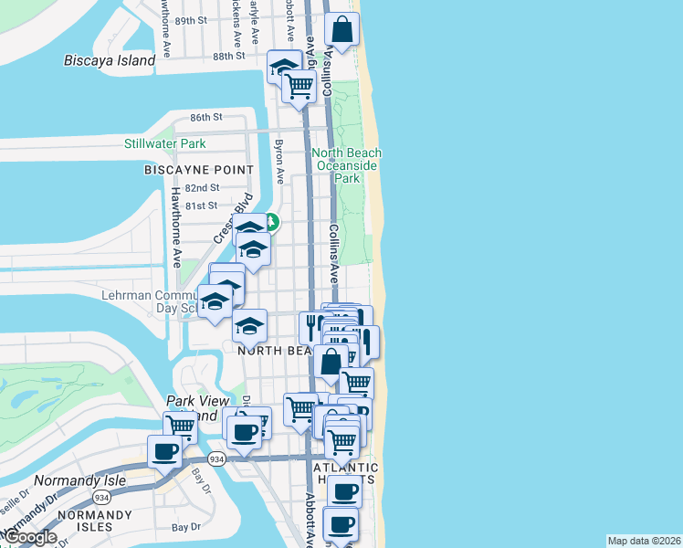 map of restaurants, bars, coffee shops, grocery stores, and more near in Miami Beach