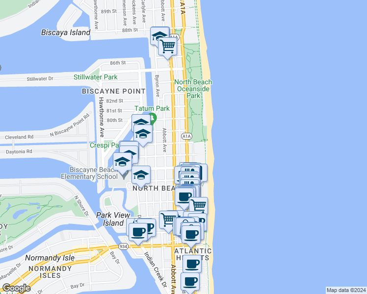 map of restaurants, bars, coffee shops, grocery stores, and more near in Miami Beach