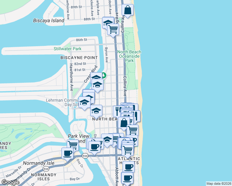 map of restaurants, bars, coffee shops, grocery stores, and more near in Miami Beach