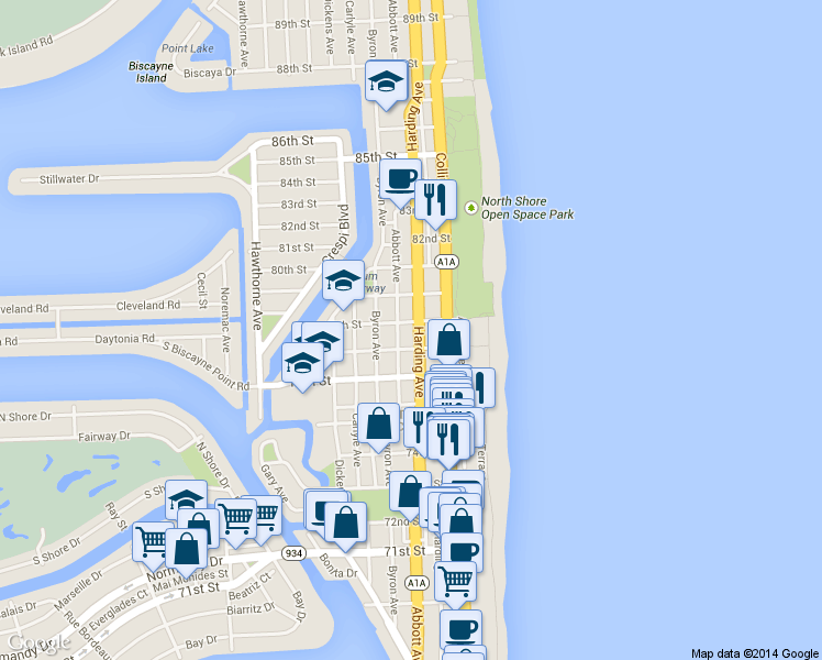 map of restaurants, bars, coffee shops, grocery stores, and more near in Miami Beach