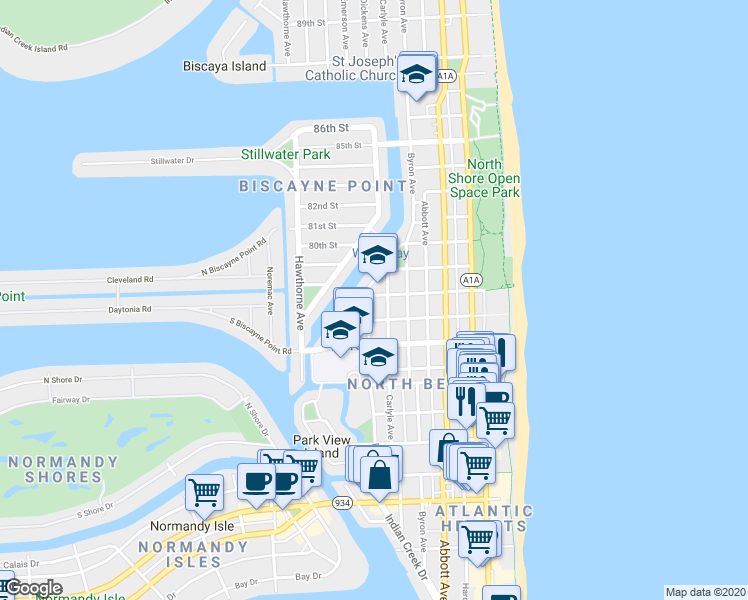 map of restaurants, bars, coffee shops, grocery stores, and more near 7930 Tatum Waterway Drive in Miami Beach