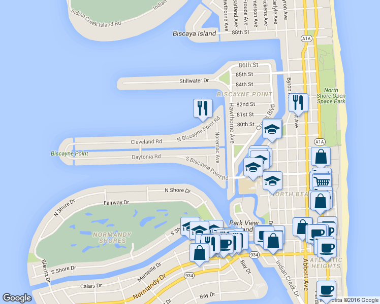 map of restaurants, bars, coffee shops, grocery stores, and more near 1346 Cleveland Road in Miami Beach