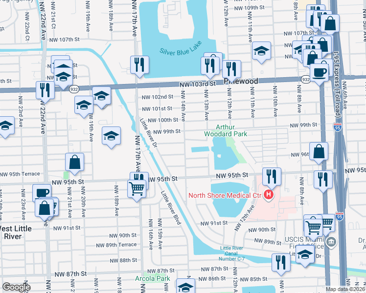 map of restaurants, bars, coffee shops, grocery stores, and more near 1361 Northwest 98th Terrace in Miami