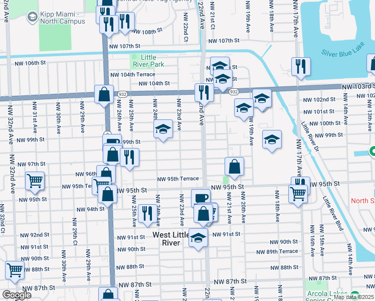 map of restaurants, bars, coffee shops, grocery stores, and more near 2234 Northwest 99th Street in Miami