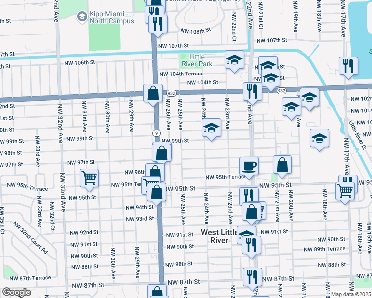 map of restaurants, bars, coffee shops, grocery stores, and more near 2467 Northwest 99th Street in Miami