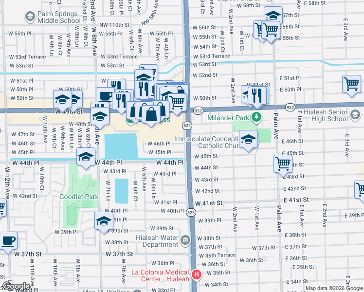 map of restaurants, bars, coffee shops, grocery stores, and more near 449 West 46th Place in Hialeah