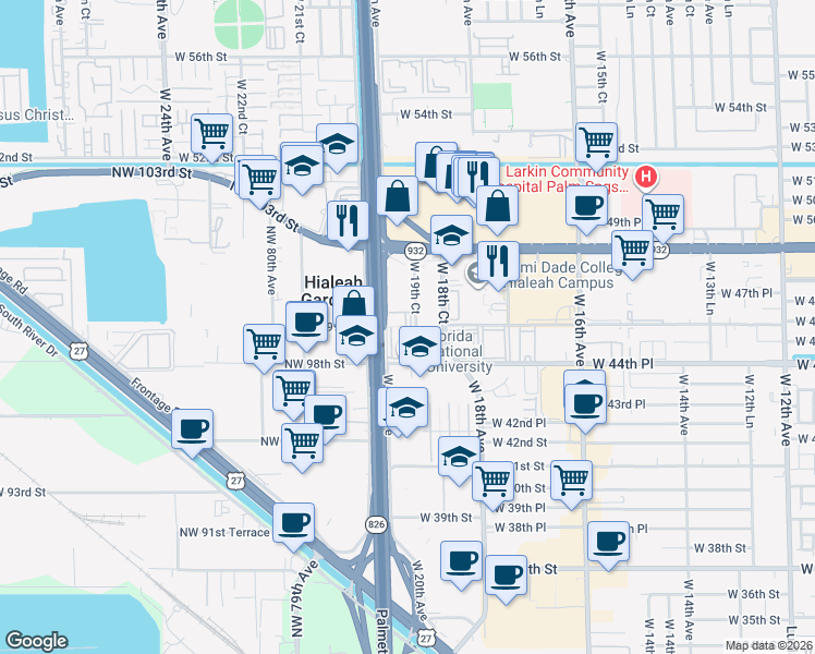 map of restaurants, bars, coffee shops, grocery stores, and more near 4500 West 19th Court in Hialeah