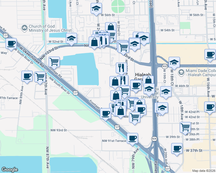 map of restaurants, bars, coffee shops, grocery stores, and more near 9903 Northwest 99th Terrace in Hialeah Gardens