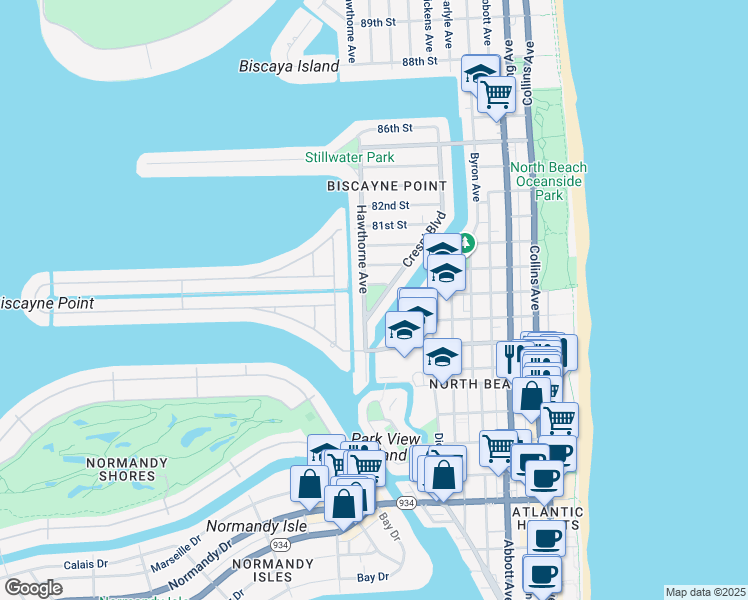 map of restaurants, bars, coffee shops, grocery stores, and more near 7800 Crespi Boulevard in Miami Beach
