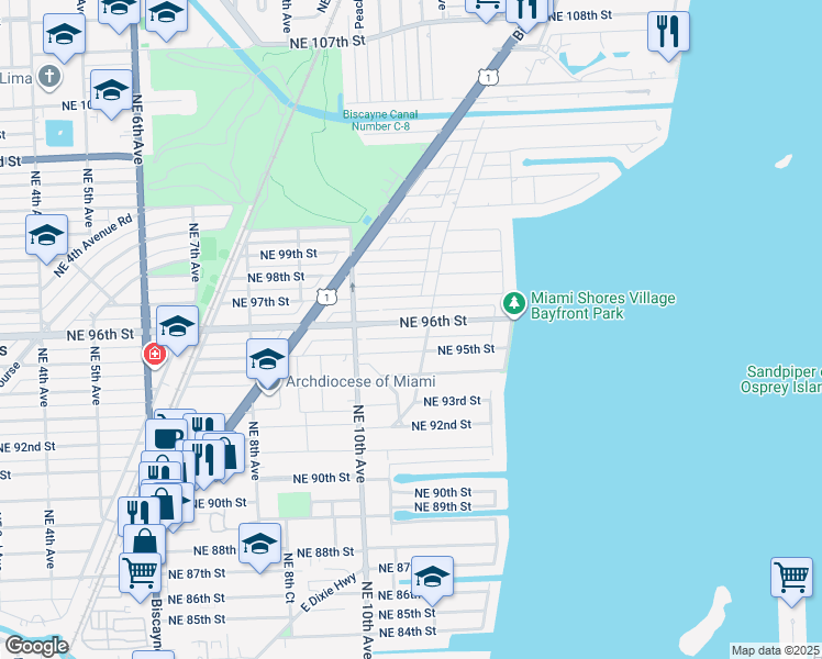 map of restaurants, bars, coffee shops, grocery stores, and more near 1079 Northeast 96th Street in Miami Shores