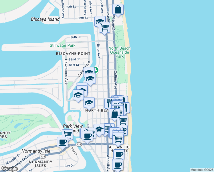 map of restaurants, bars, coffee shops, grocery stores, and more near in Miami Beach