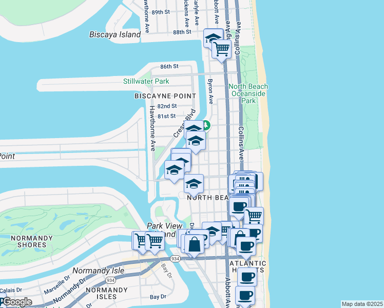 map of restaurants, bars, coffee shops, grocery stores, and more near 620 79th Street in Miami Beach