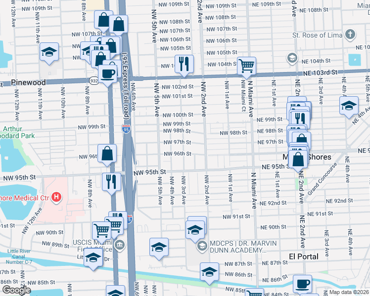map of restaurants, bars, coffee shops, grocery stores, and more near 297 Northwest 97th Street in Miami