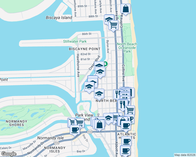map of restaurants, bars, coffee shops, grocery stores, and more near 7930 Tatum Waterway Drive in Miami Beach