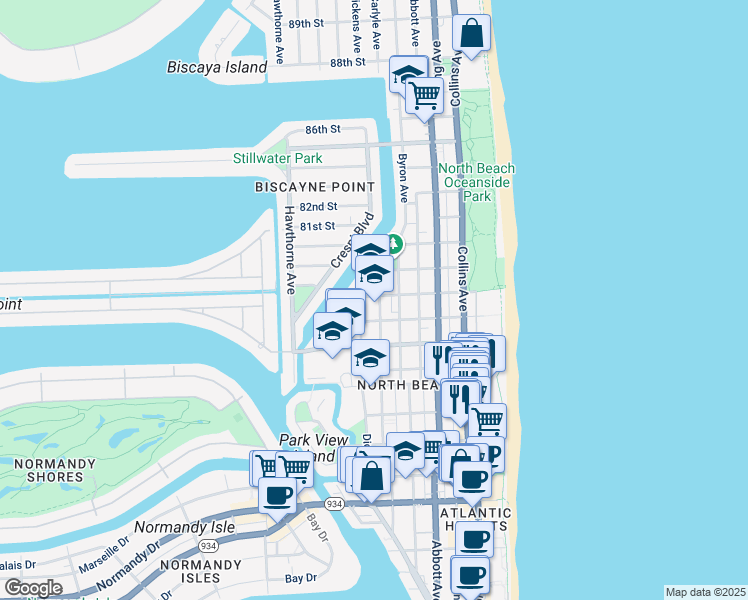 map of restaurants, bars, coffee shops, grocery stores, and more near 7930 Tatum Waterway Drive in Miami Beach