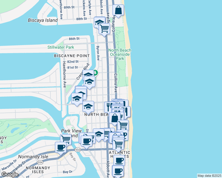 map of restaurants, bars, coffee shops, grocery stores, and more near in Miami Beach