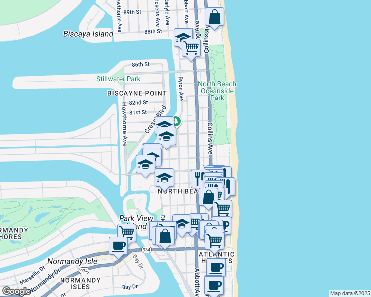 map of restaurants, bars, coffee shops, grocery stores, and more near 7920 Byron Avenue in Miami Beach