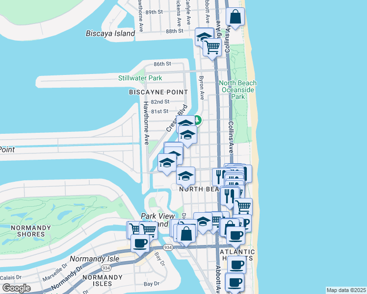 map of restaurants, bars, coffee shops, grocery stores, and more near 7930 Tatum Waterway Drive in Miami Beach