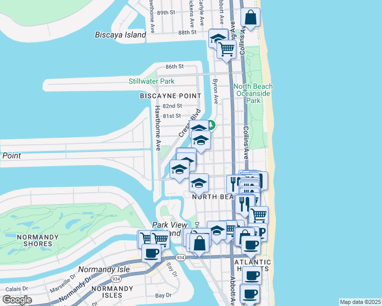 map of restaurants, bars, coffee shops, grocery stores, and more near 7930 Tatum Waterway Drive in Miami Beach