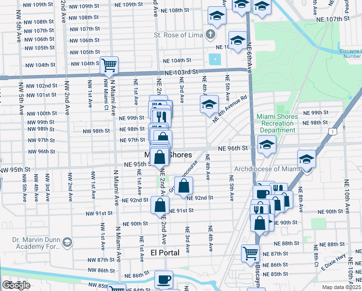 map of restaurants, bars, coffee shops, grocery stores, and more near 297 Northeast 97th Street in Miami Shores