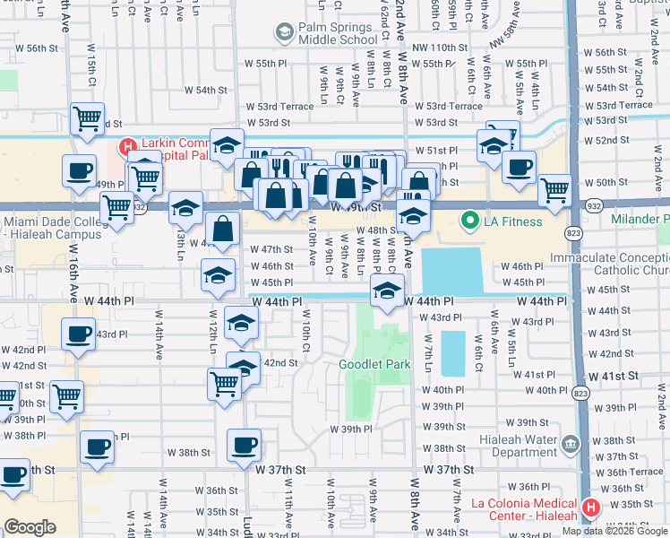 map of restaurants, bars, coffee shops, grocery stores, and more near 4661 West 9th Court in Hialeah