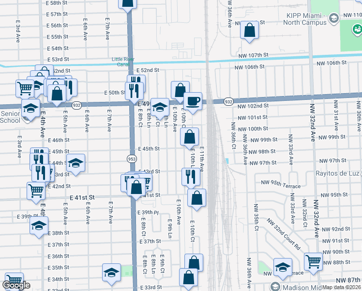 map of restaurants, bars, coffee shops, grocery stores, and more near 4645 East 10th Court in Hialeah