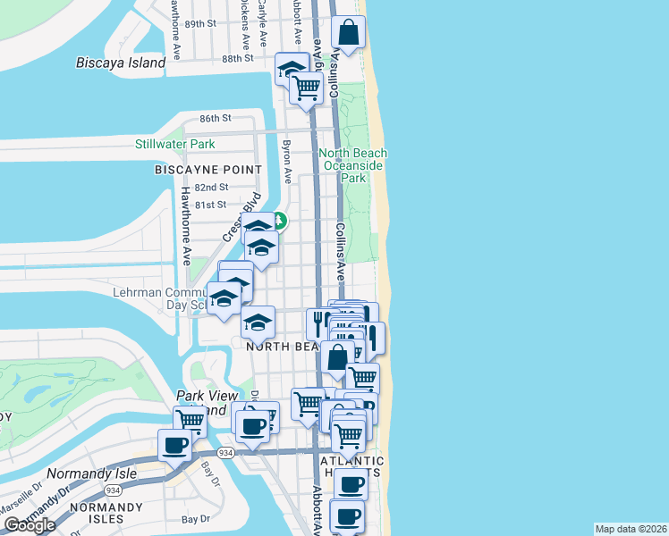 map of restaurants, bars, coffee shops, grocery stores, and more near in Miami Beach