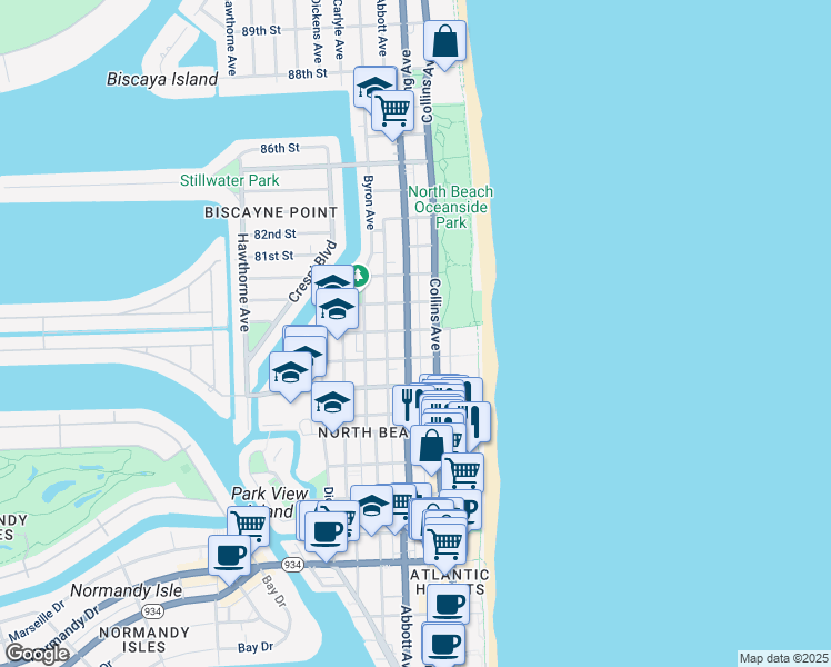map of restaurants, bars, coffee shops, grocery stores, and more near in Miami Beach