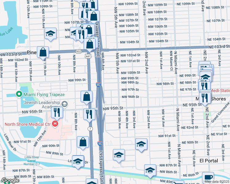map of restaurants, bars, coffee shops, grocery stores, and more near 535 Northwest 97th Street in Miami