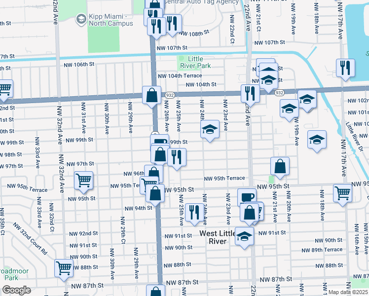 map of restaurants, bars, coffee shops, grocery stores, and more near 2467 Northwest 99th Street in Miami