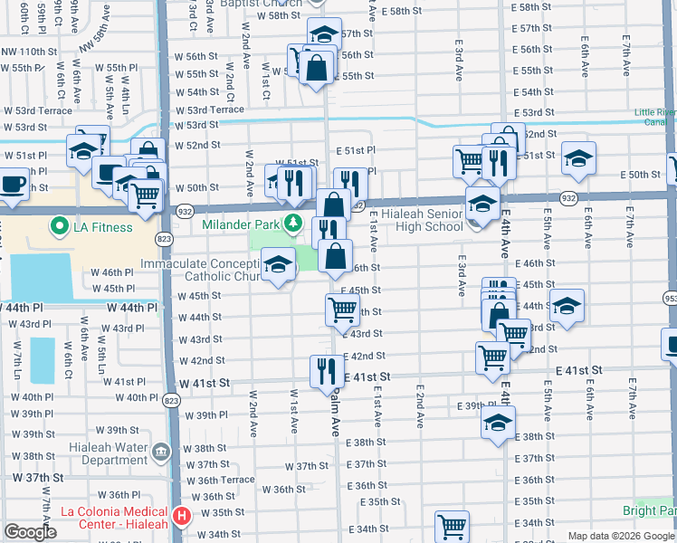 map of restaurants, bars, coffee shops, grocery stores, and more near 4599 Palm Avenue in Hialeah
