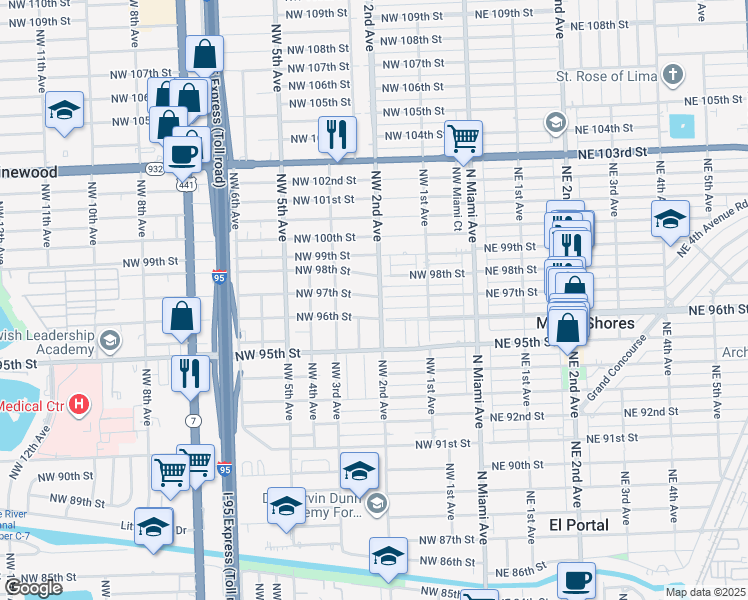 map of restaurants, bars, coffee shops, grocery stores, and more near 9720 Northwest 2nd Avenue in Miami Shores