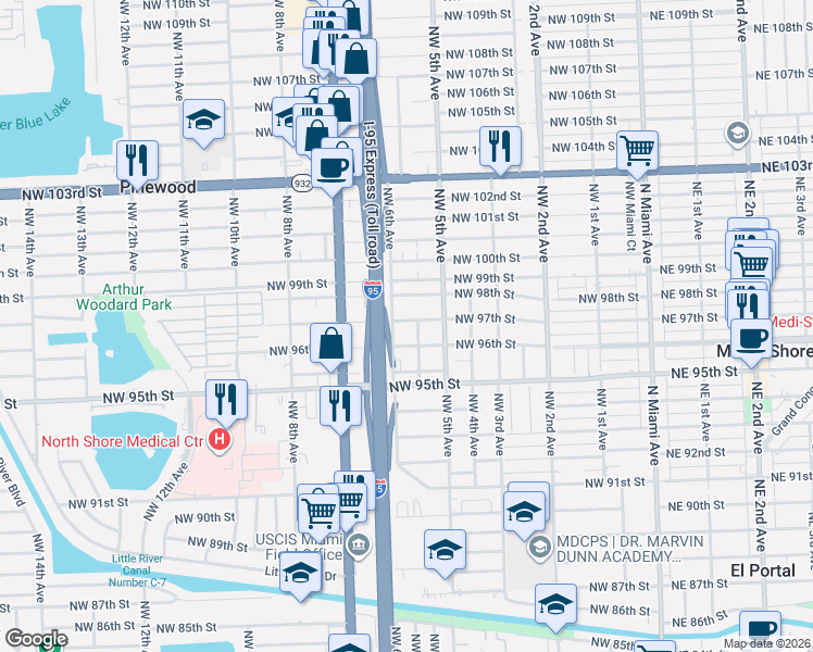 map of restaurants, bars, coffee shops, grocery stores, and more near 535 Northwest 97th Street in Miami