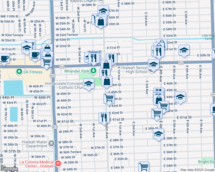 map of restaurants, bars, coffee shops, grocery stores, and more near 4599 Palm Avenue in Hialeah