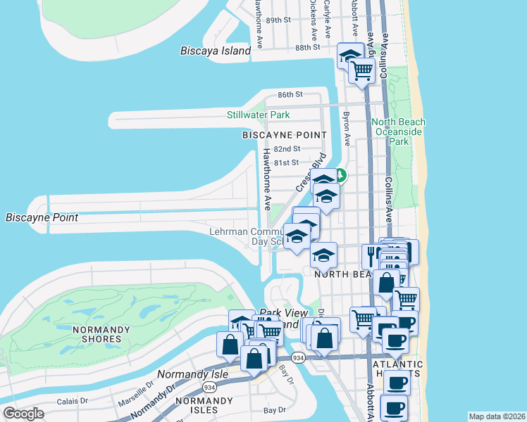 map of restaurants, bars, coffee shops, grocery stores, and more near 1051 79th Street in Miami Beach