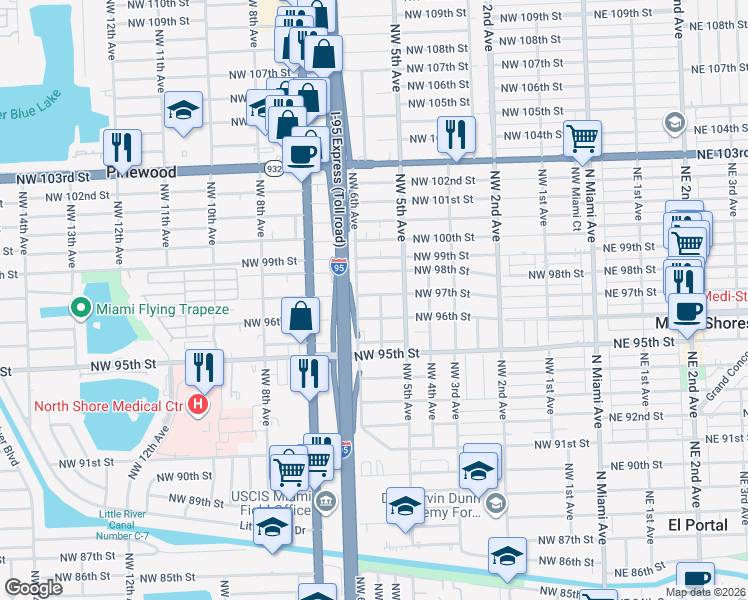 map of restaurants, bars, coffee shops, grocery stores, and more near 535 Northwest 97th Street in Miami