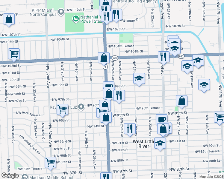 map of restaurants, bars, coffee shops, grocery stores, and more near 9901 Northwest 26th Avenue in Miami