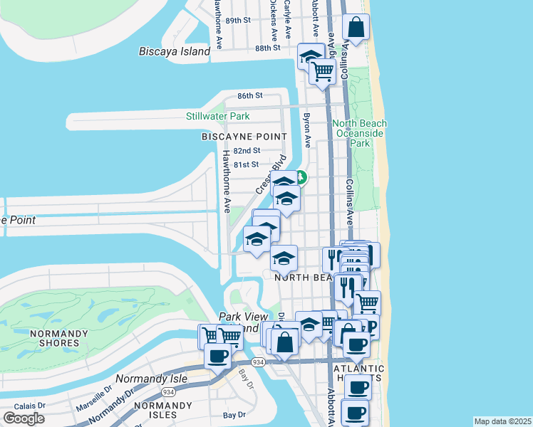 map of restaurants, bars, coffee shops, grocery stores, and more near 7930 Tatum Waterway Drive in Miami Beach