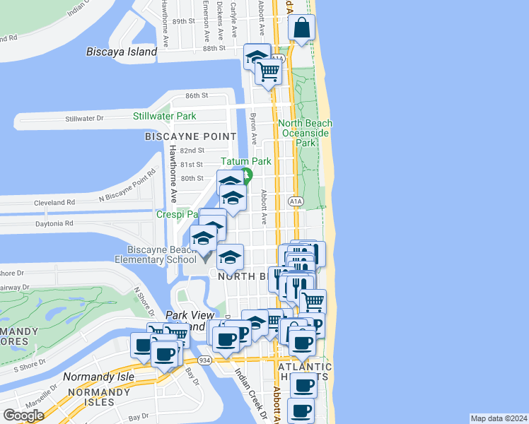 map of restaurants, bars, coffee shops, grocery stores, and more near 7900 Abbott Avenue in Miami Beach