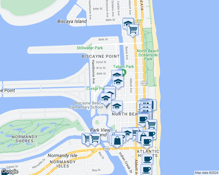 map of restaurants, bars, coffee shops, grocery stores, and more near 7930 Tatum Waterway Drive in Miami Beach