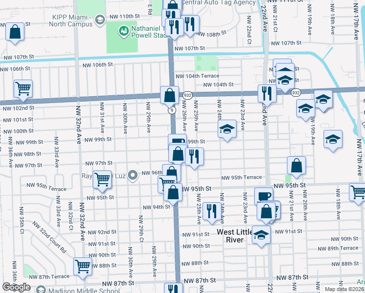 map of restaurants, bars, coffee shops, grocery stores, and more near 9901 Northwest 26th Avenue in Miami