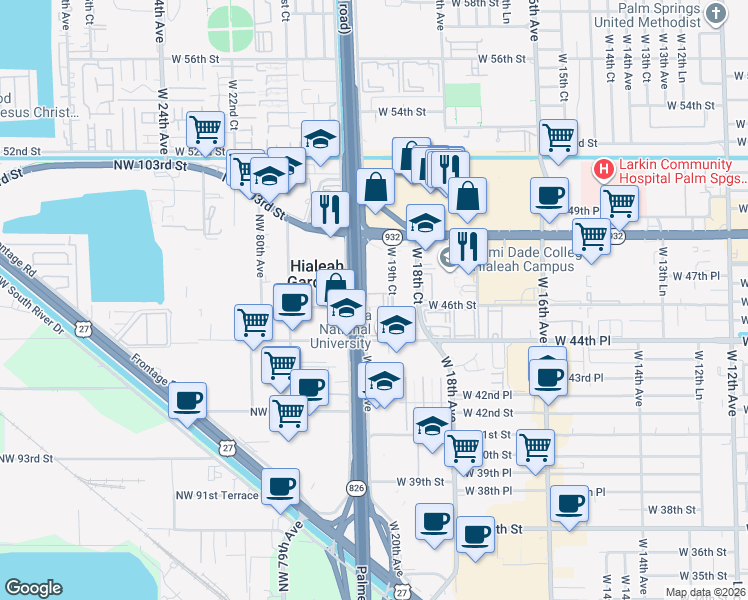 map of restaurants, bars, coffee shops, grocery stores, and more near 4500 West 19th Court in Hialeah