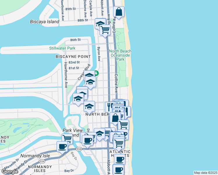 map of restaurants, bars, coffee shops, grocery stores, and more near Harding Ave & 79th St in Miami Beach