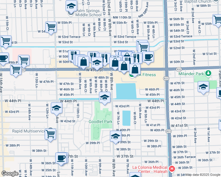 map of restaurants, bars, coffee shops, grocery stores, and more near 4661 West 8th Court in Hialeah