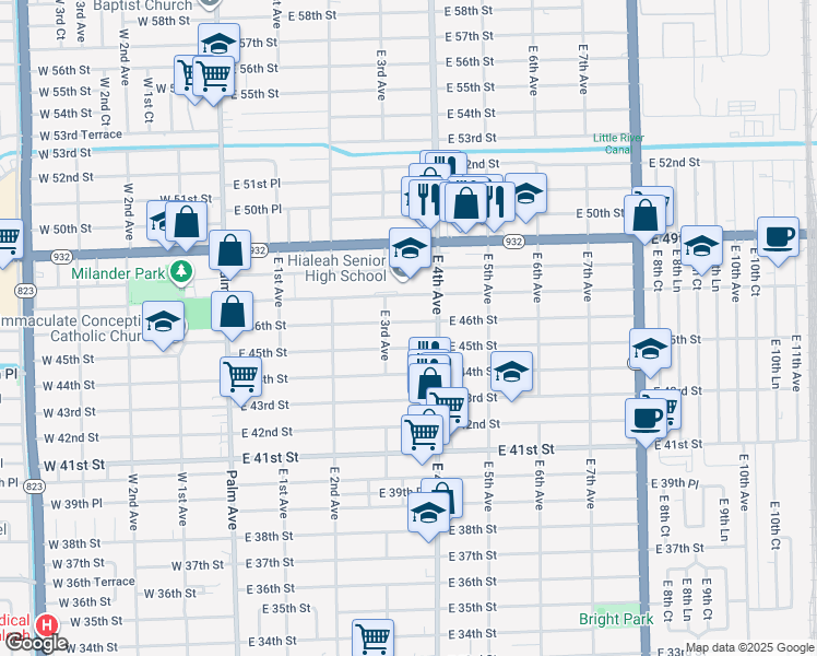 map of restaurants, bars, coffee shops, grocery stores, and more near 359 East 46th Street in Hialeah