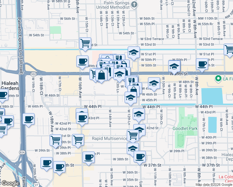 map of restaurants, bars, coffee shops, grocery stores, and more near 4670 West 13th Lane in Hialeah