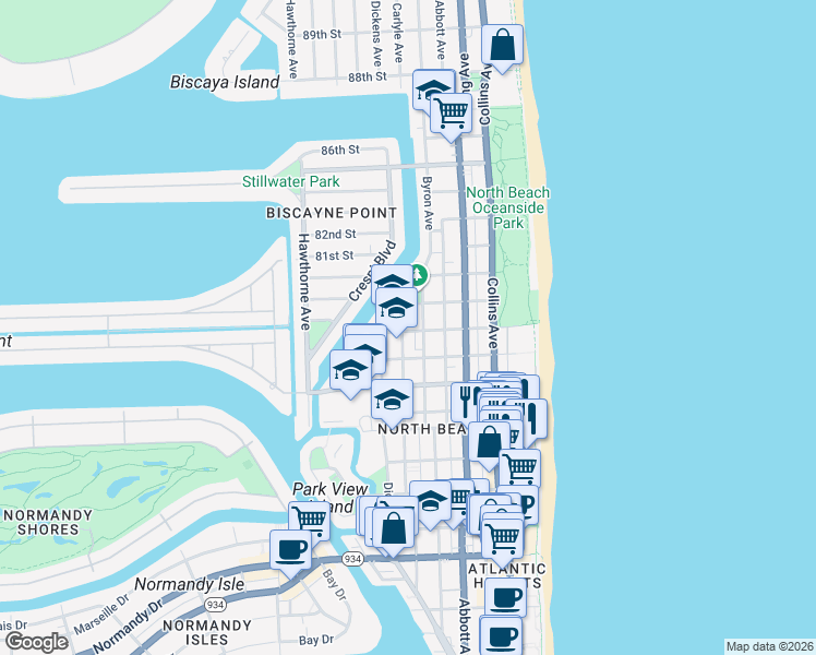 map of restaurants, bars, coffee shops, grocery stores, and more near 525 79th Street in Miami Beach