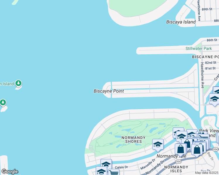 map of restaurants, bars, coffee shops, grocery stores, and more near 7975 Biscayne Point Circle in Miami